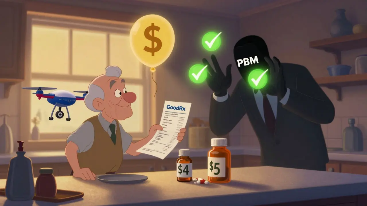 An elderly man receives a  generic pill from a drone, while a shadowy middleman hides a profit spread.