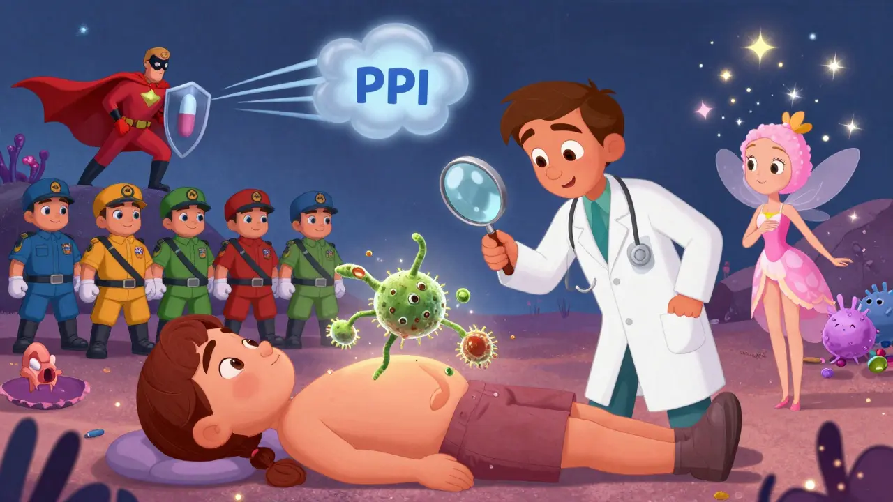 Antibiotic soldiers fighting H. pylori inside a stomach, with a PPI superhero and probiotic fairy helping in Disney style.