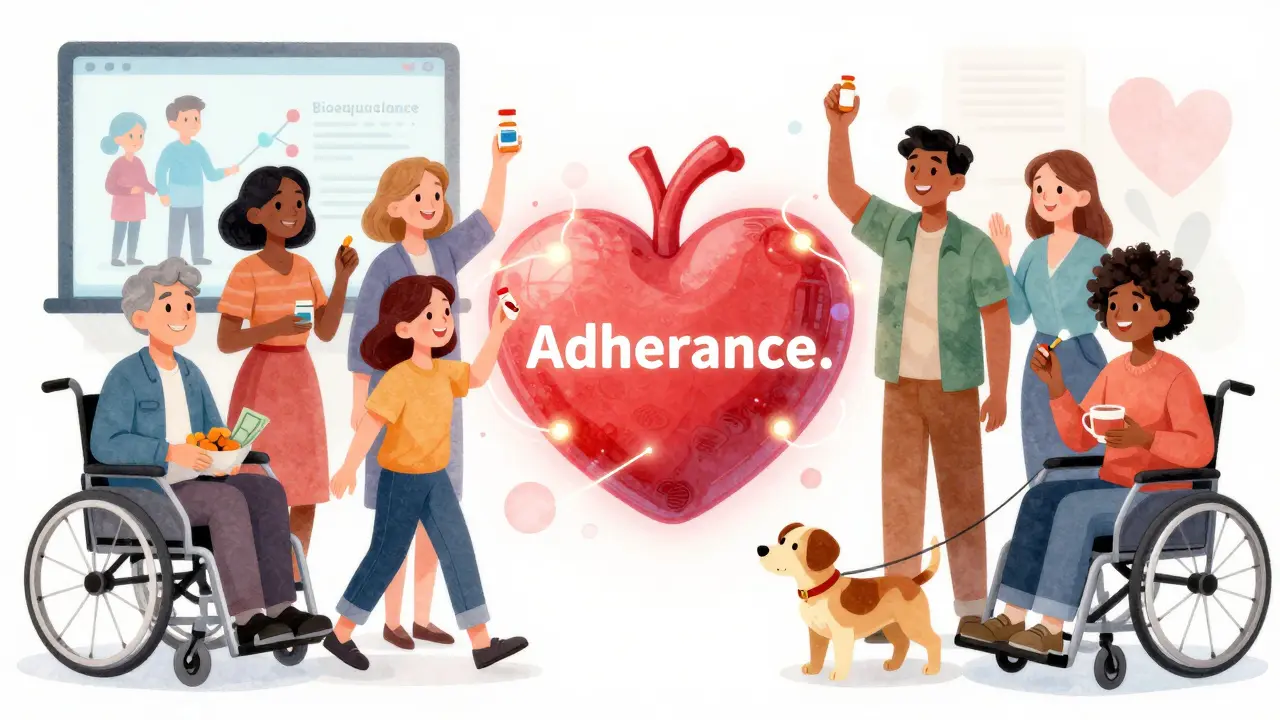 Diverse patients celebrate saving money with generics, connected to a heart symbolizing better health, in Disney illustration style.