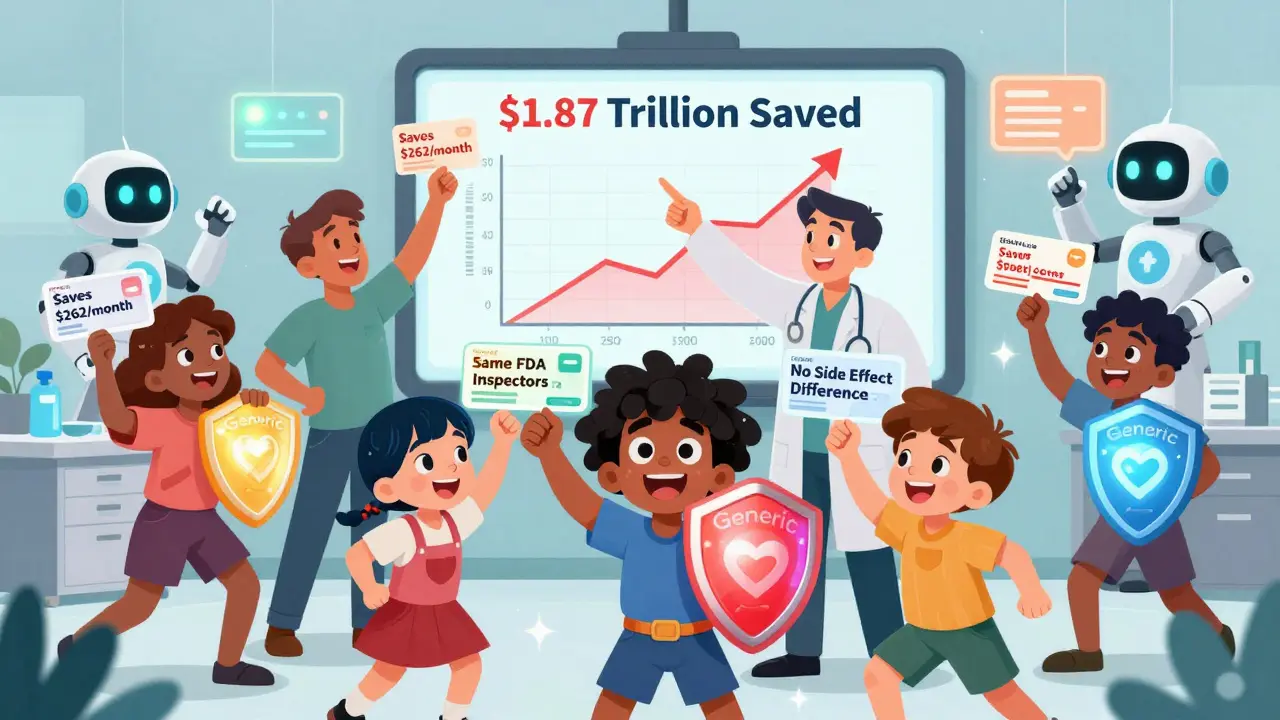 Diverse patients hold generic prescription shields with savings facts as doctor points to savings graph
