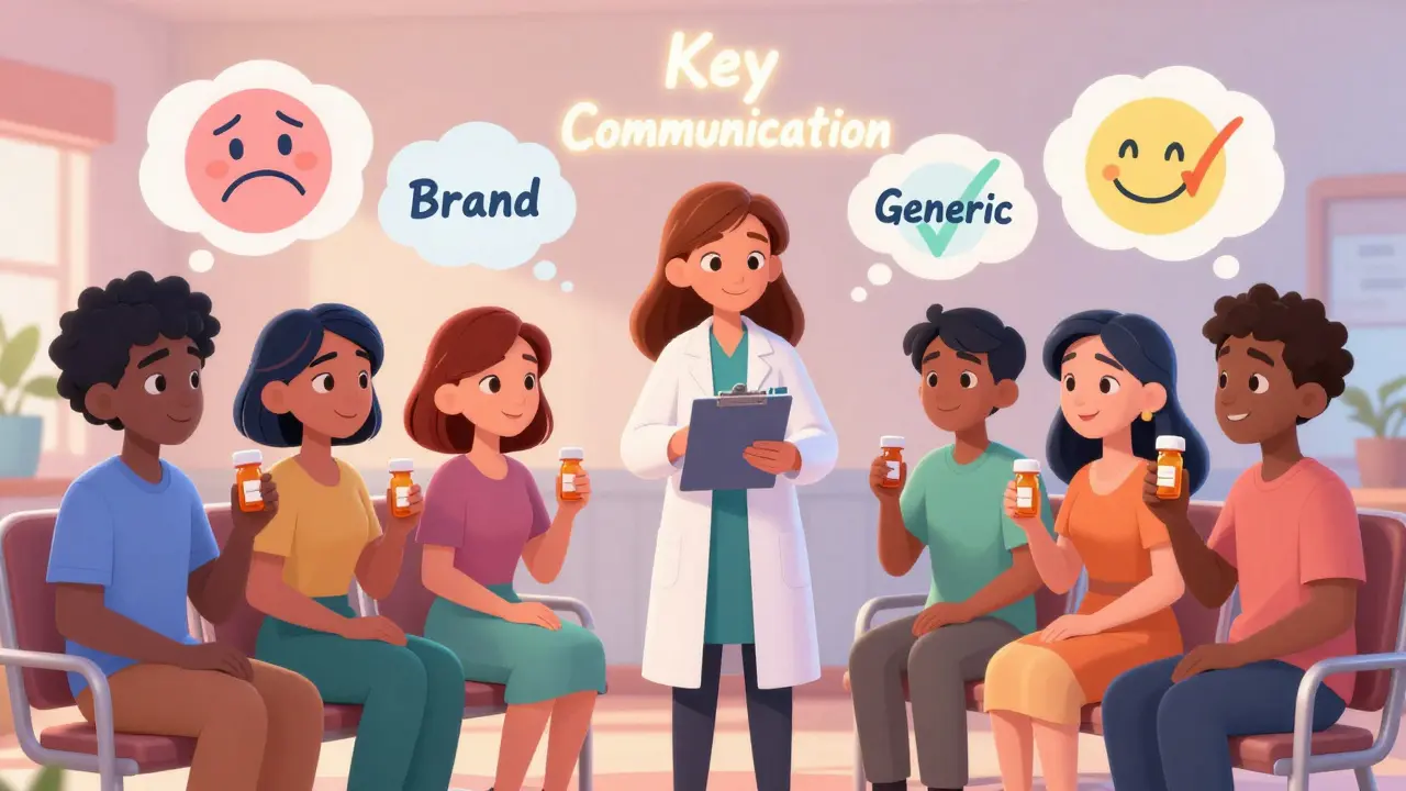 Diverse patients in a clinic with thought bubbles comparing brand and generic pills, a pharmacist explains with a friendly clipboard.