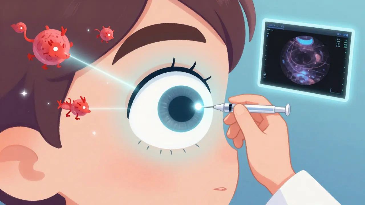 Doctor giving a gentle eye injection as VEGF dragons are zapped by light, with a floating OCT scan nearby.