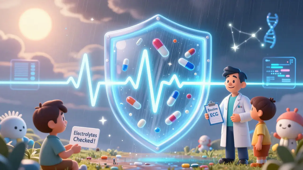 ECG-shaped shield blocks dangerous drugs, doctor holds ECG clipboard, AI and genes glow in background.