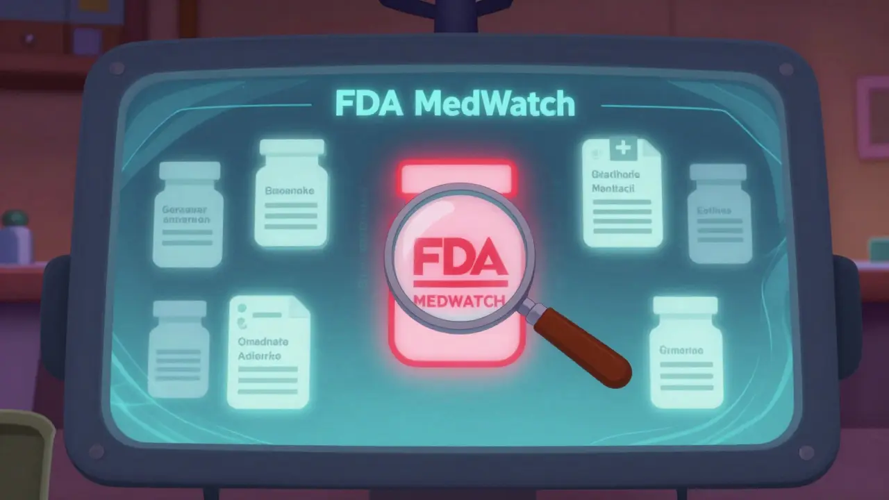 FDA MedWatch dashboard with floating pill-shaped report icons, one glowing red with a magnifying glass.