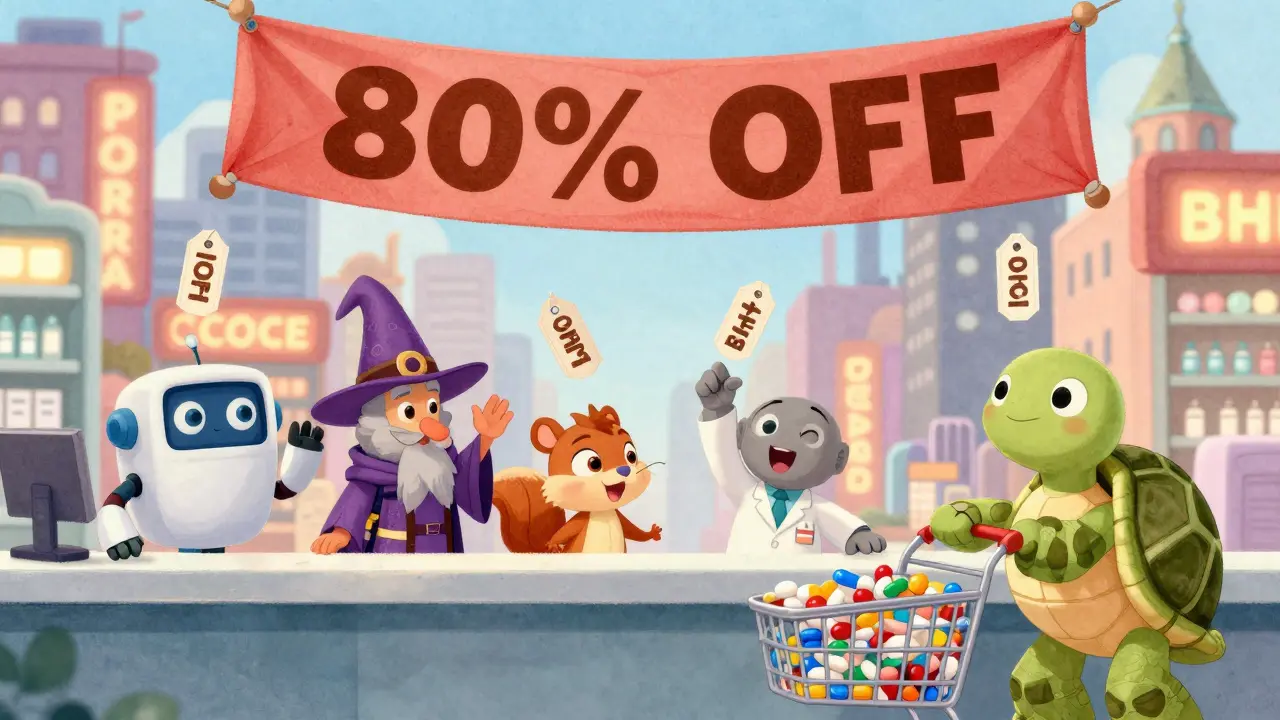 Four quirky generic drug makers dropping price tags in a pharmacy, with a happy patient collecting low-cost pills.