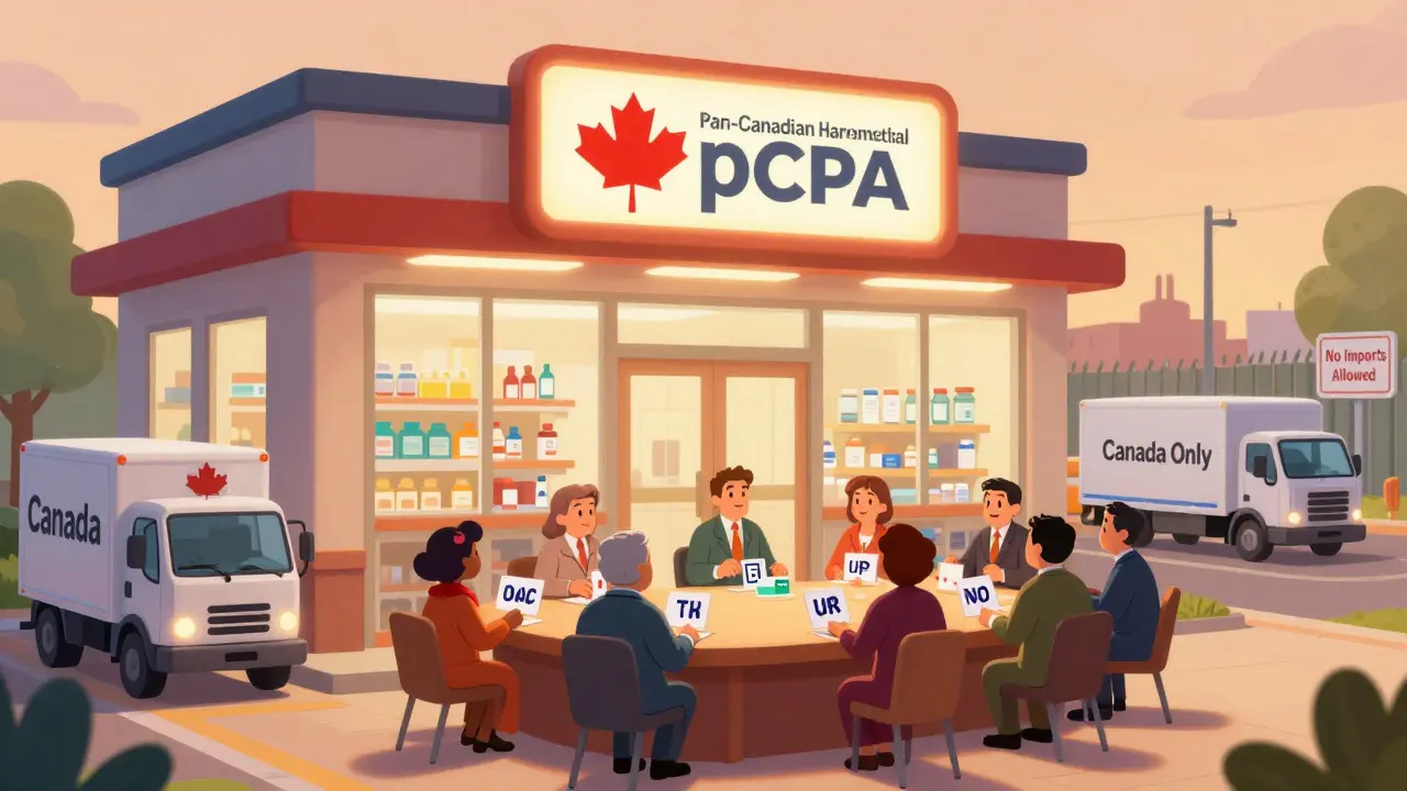 Giant pharmacy co-op building with pCPA negotiators and a 'No Imports' border sign in Disney style.