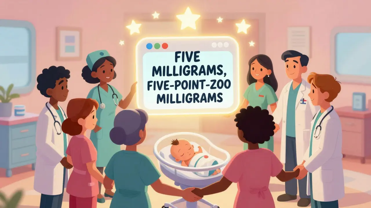 Healthcare team united around a glowing prescription, protecting a sleeping baby.