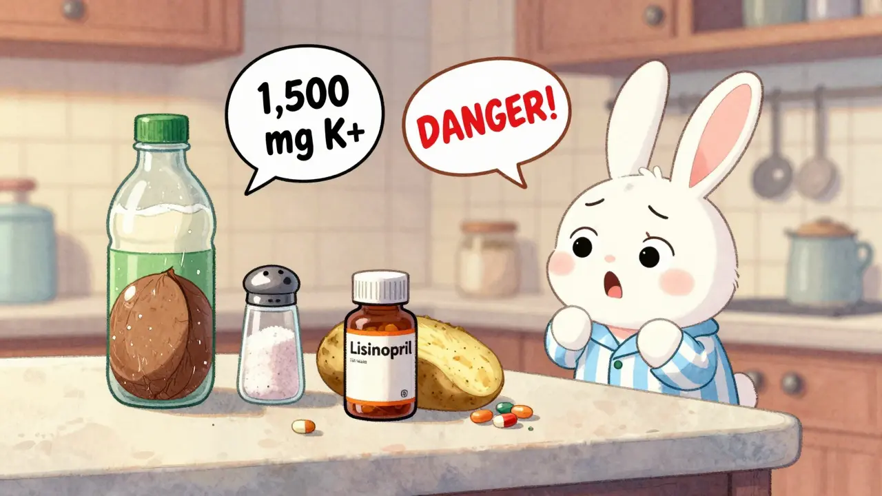 Kitchen counter with coconut water, salt substitute, and potato next to blood pressure pills, cartoon warning bubbles popping up.