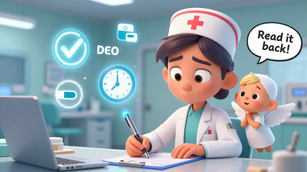 Nurse documents verbal order in ER, surrounded by safety symbols and a doctor watching closely.