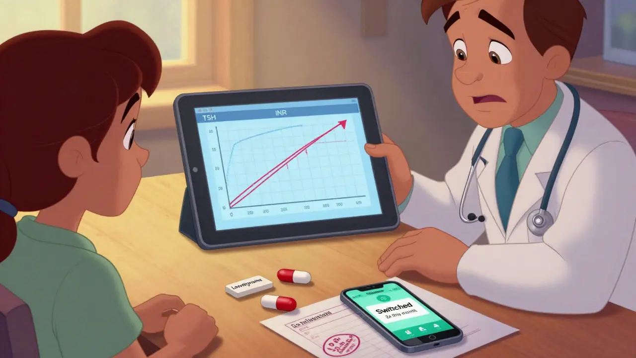 Patient and doctor reviewing blood test graphs while different pill shapes sit on the table.
