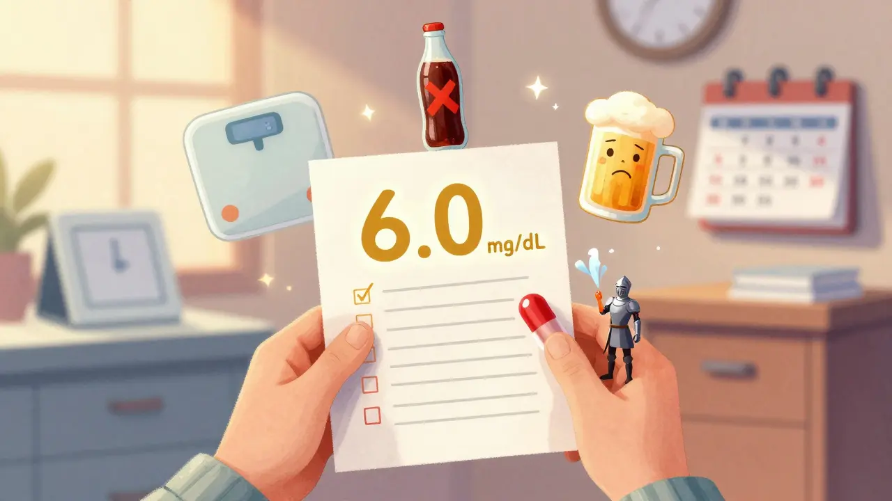 Patient holding a blood test with target uric acid level, surrounded by health icons like weight scale and soda bottle.