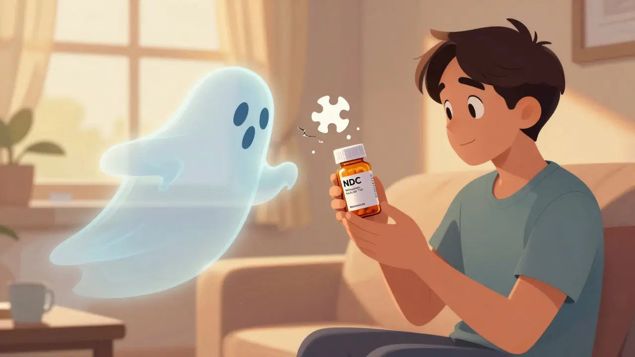 Patient holding generic pill bottle as a ghostly brand-name version fades beside them.
