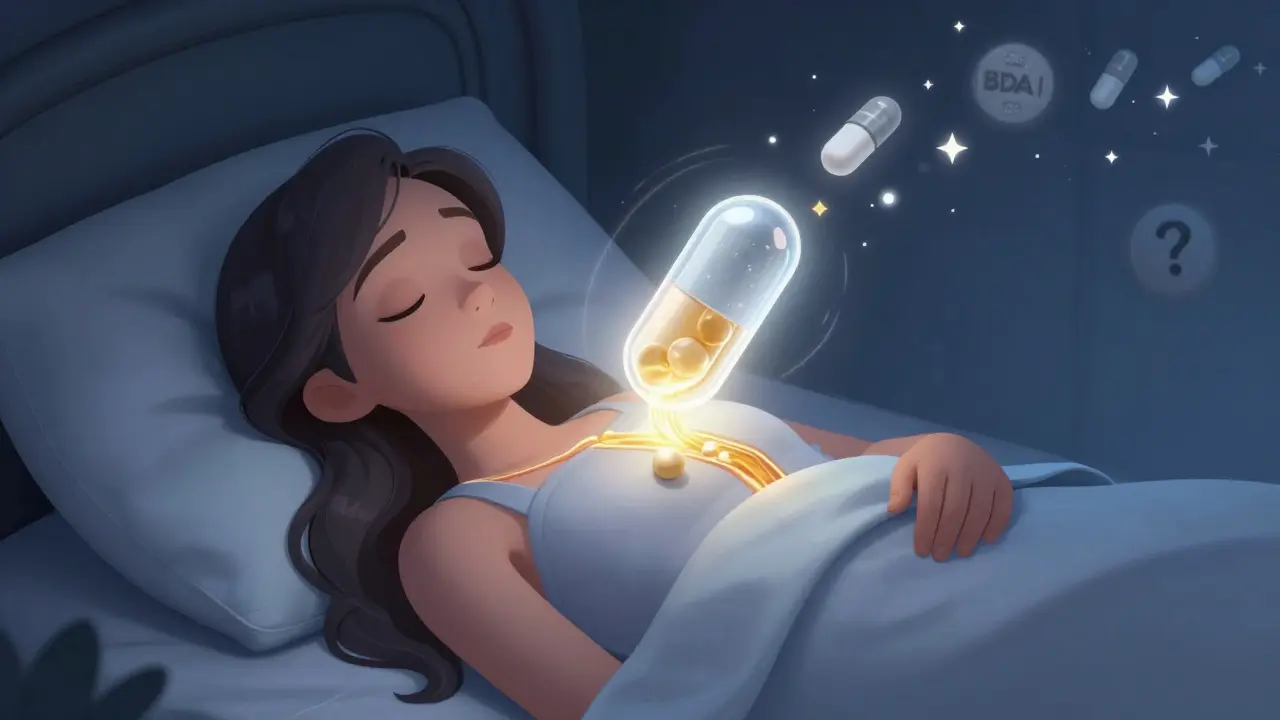 Patient sleeping peacefully as a glowing pill releases golden bloodstream flow, B-rated pills fading away.