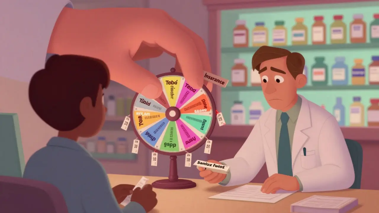 Pharmacist handing prescription as insurance forces generic switches on a rotating carousel of drug brands.
