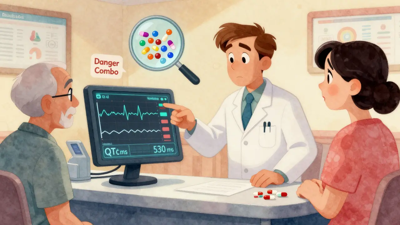 Pharmacist shows high QTc reading on screen to two concerned patients, drug molecules blocking hERG channels.