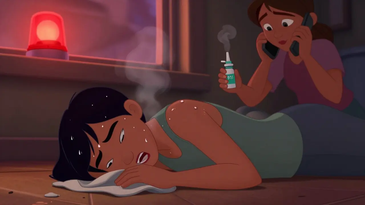 Someone is in the recovery position while another calls emergency services, naloxone spray in hand, emergency lights glowing softly.