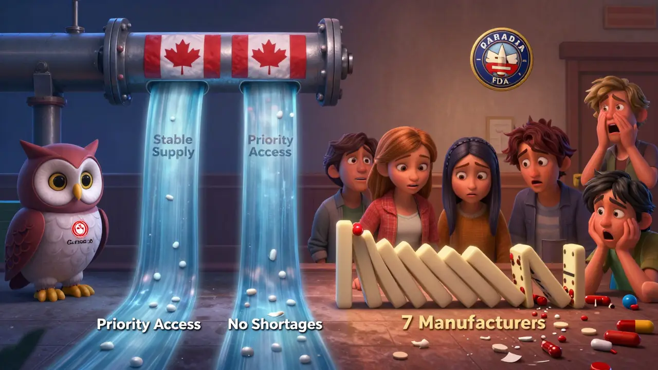 Stable Canadian supply pipeline vs. crumbling U.S. drug domino chain with panicked patients.
