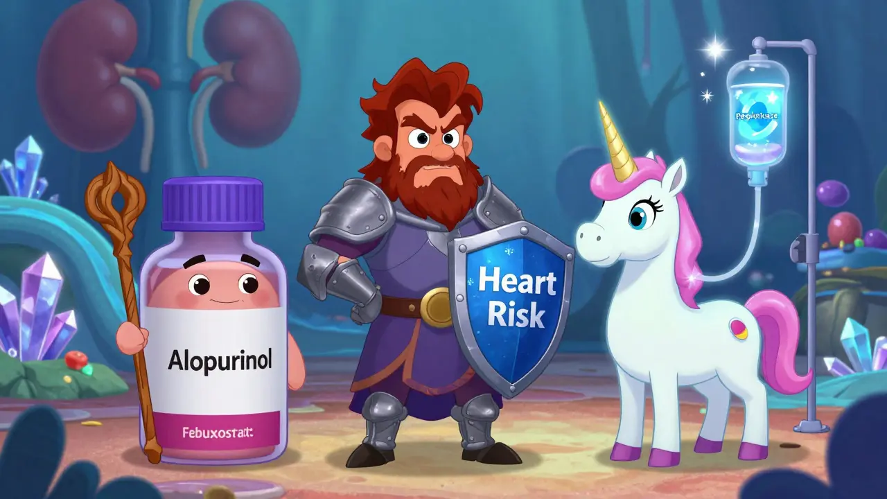 Three medicine characters—Allopurinol, Febuxostat, and Pegloticase—each with unique designs, fighting uric acid crystals.