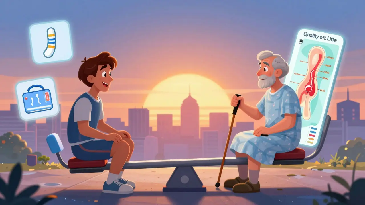 Two patients on a seesaw: one quick-recovering after stent, one healing but hopeful after bypass.