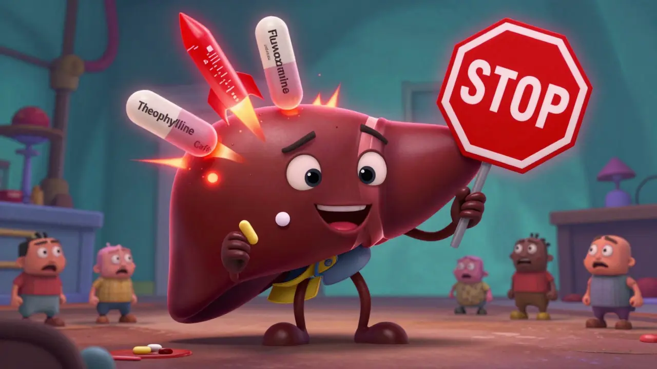 A cartoon liver is blocked by a fluvoxamine pill, causing theophylline levels to spike dramatically.
