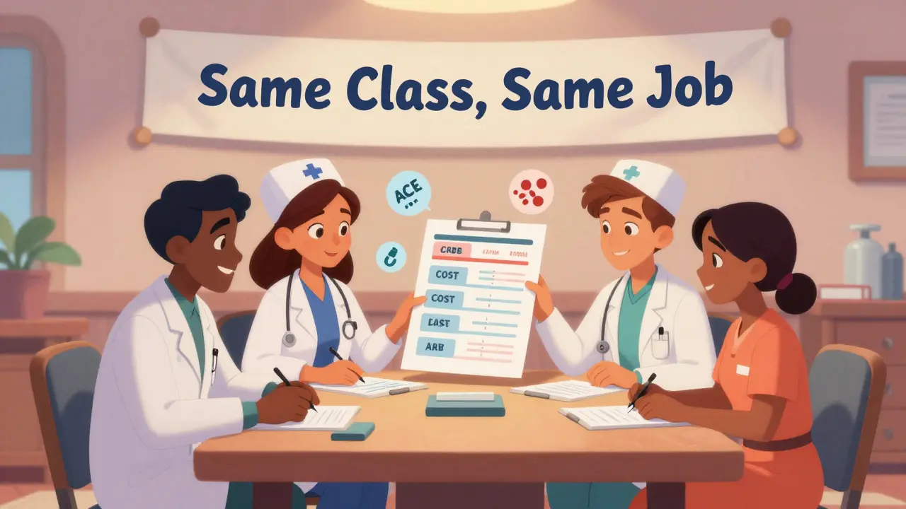 A diverse team of healthcare professionals and a patient review drug options on a table with floating medication icons and a formulary banner.