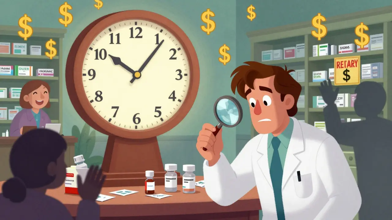 A giant 180-day clock ticks down in a pharmacy as money falls and patients celebrate, while legal obstacles try to block progress.
