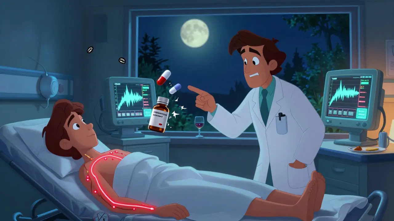 A hospital emergency room where a patient glows with dangerous lactic acid levels, while metformin and alcohol are shown as villainous floating objects.