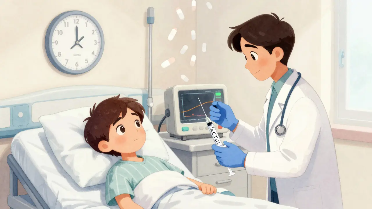 A hospital scene with a doctor administering an ACTH test to a pale patient, while opioid pills rain down from above.