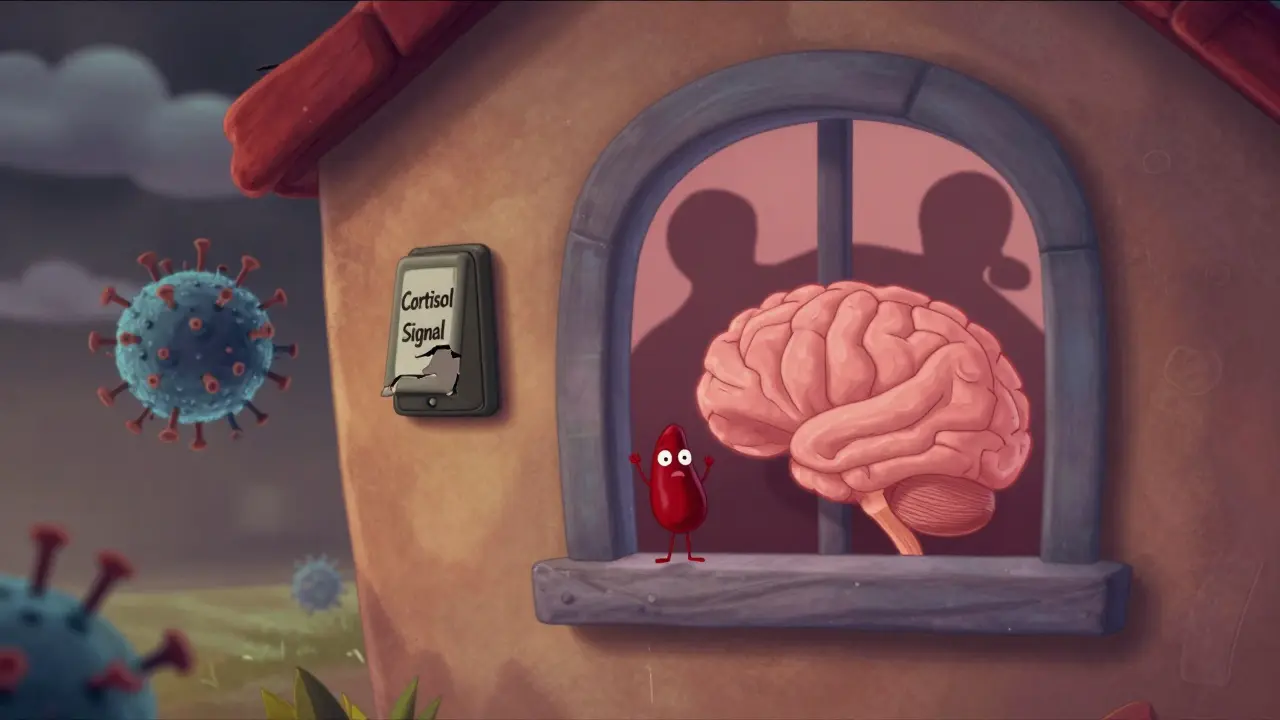 A human body as a house with a broken cortisol doorbell, storm clouds approaching, and adrenal gland ignored by opioid-shaped blockers.