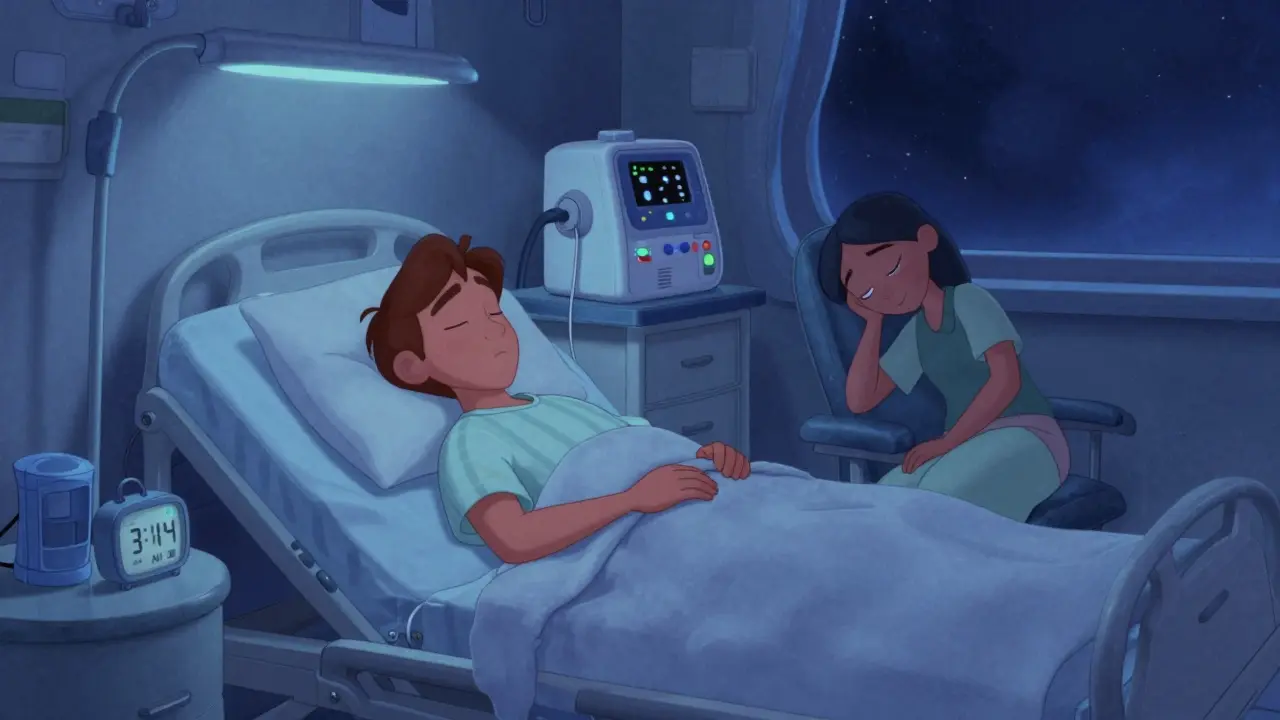 A patient sleeping peacefully while a quiet dialysis machine runs beside the bed at night.