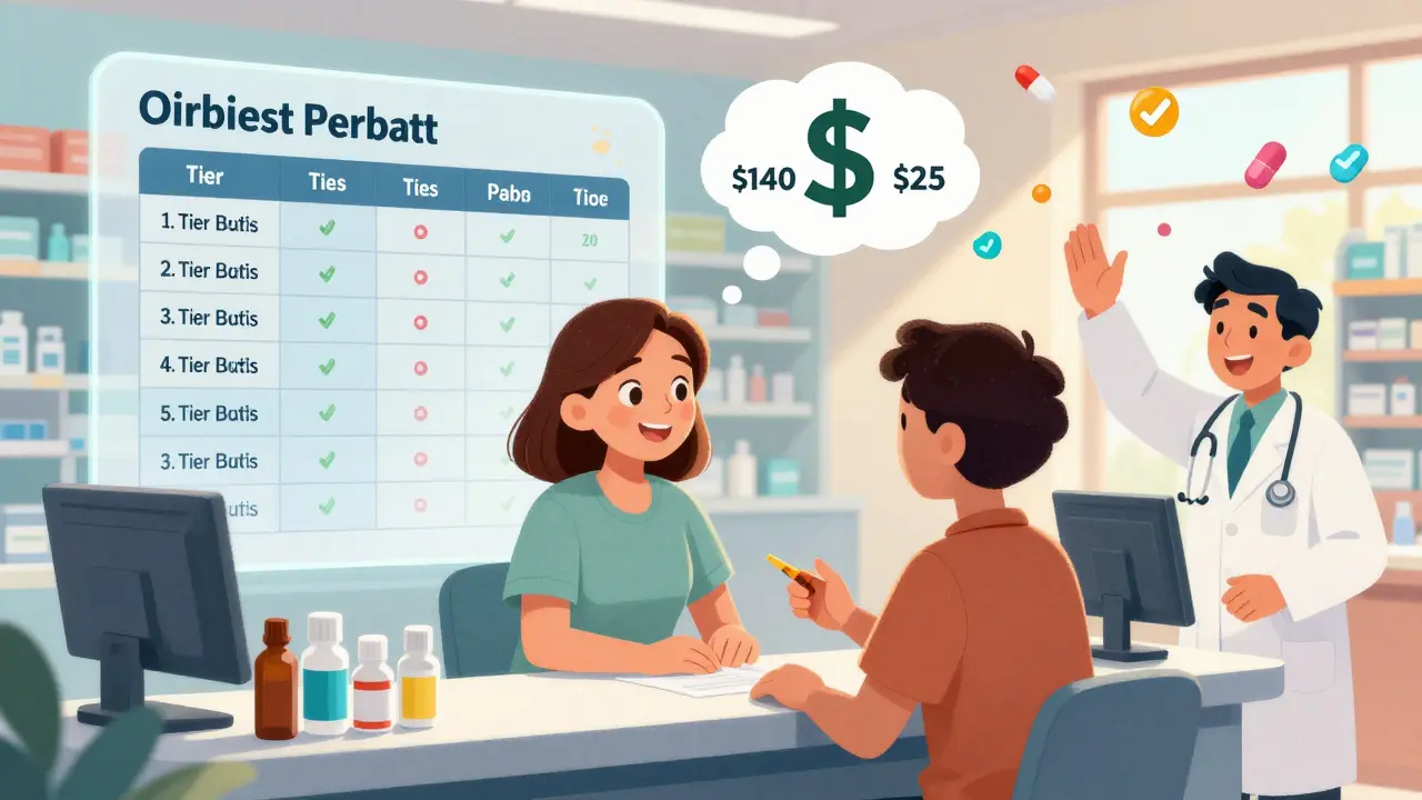 A patient smiles as their drug price drops from 0 to , with a doctor and pharmacist celebrating.