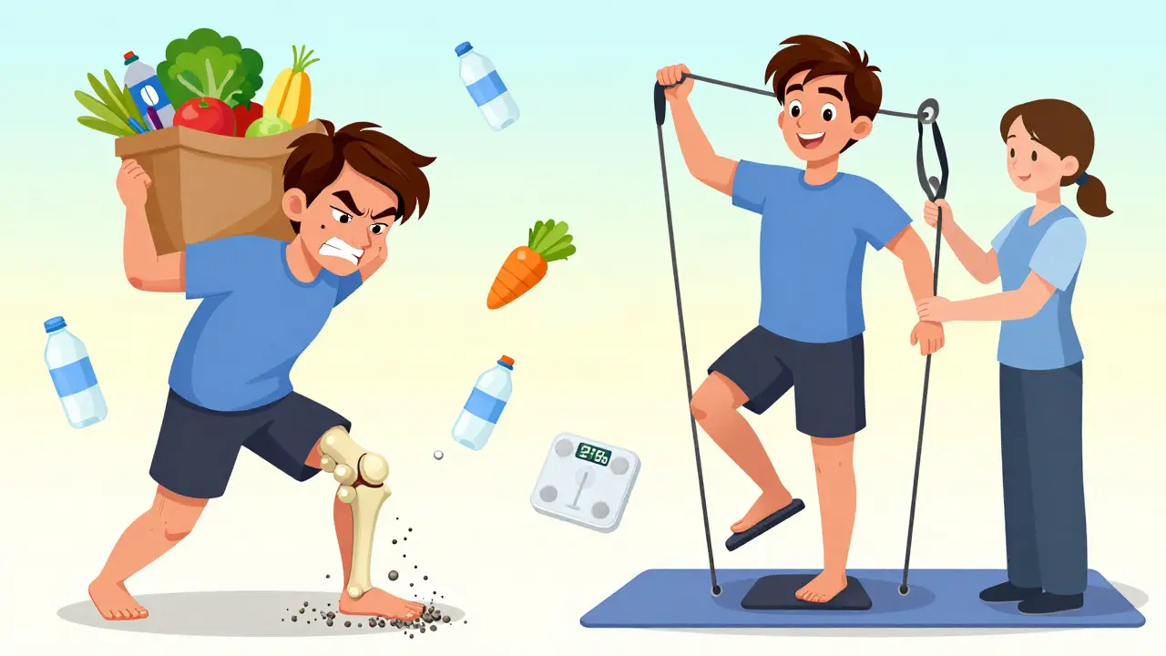 A person in physical therapy using resistance bands and balance exercises, with healthy lifestyle icons nearby.