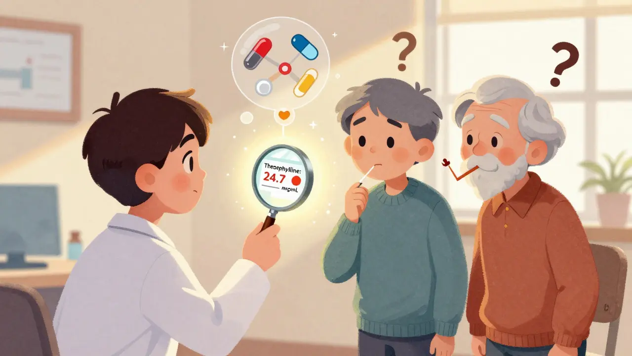 A pharmacist shows a high theophylline blood test to two patients—one smoking, one quitting—surrounded by warning icons.