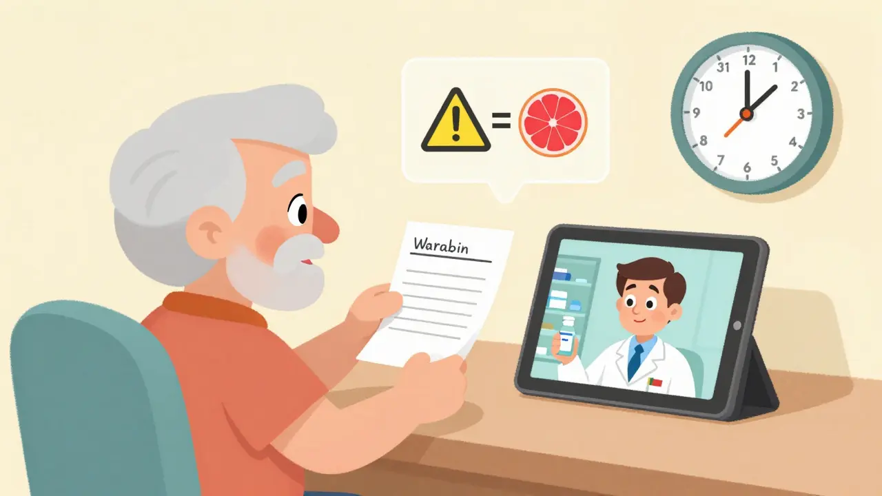 A senior and pharmacist having a video medication review with interaction icons floating nearby.