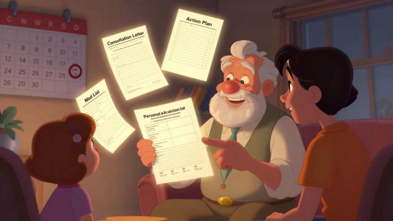 A senior holding their medication documents with a family member, next to a calendar marked for next year's review.