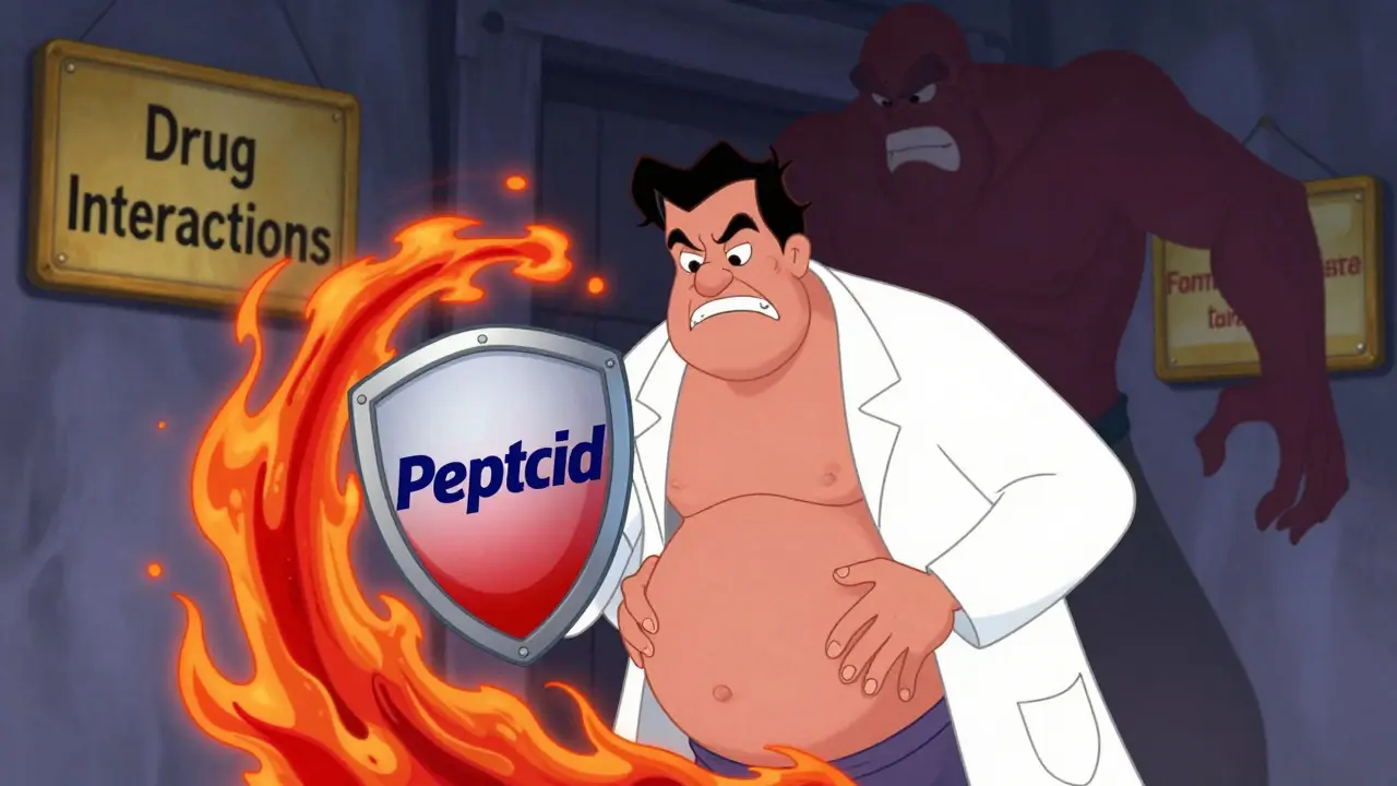 A stomach using Pepcid to block acid, with a dangerous cimetidine figure lurking in shadows.