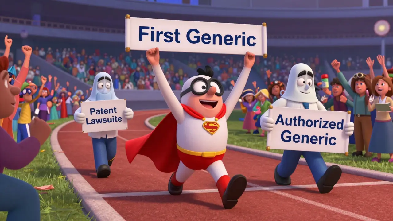 A superhero generic drug company wins a race against competitors, with patients cheering as prices drop in a vibrant animated scene.
