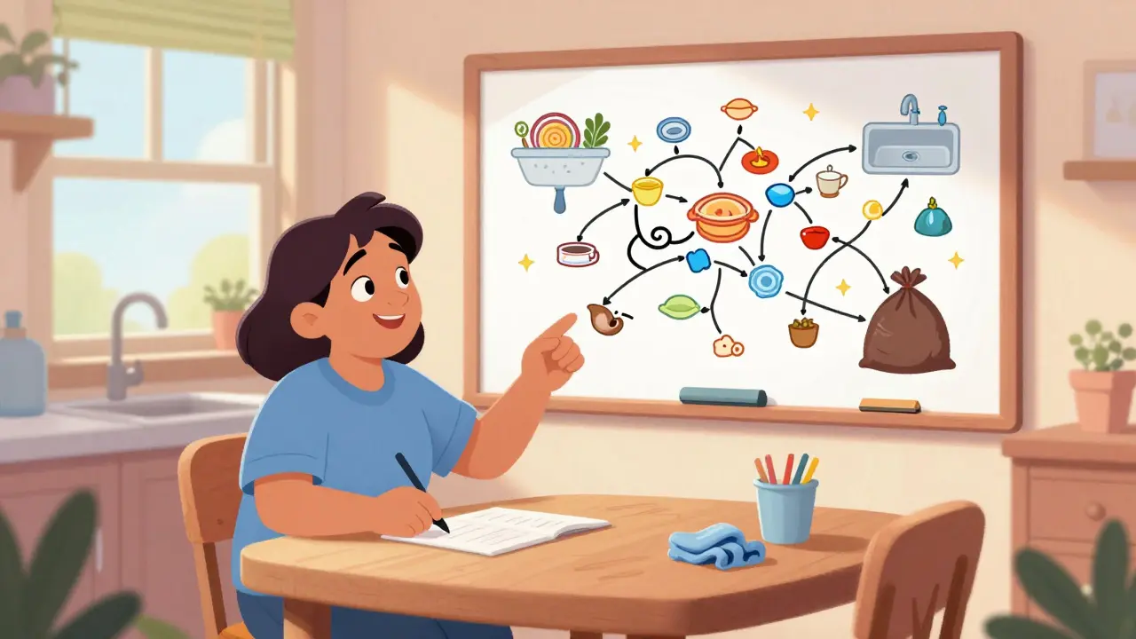 An ADHD coach breaking down a big task into small, friendly steps on a colorful whiteboard.