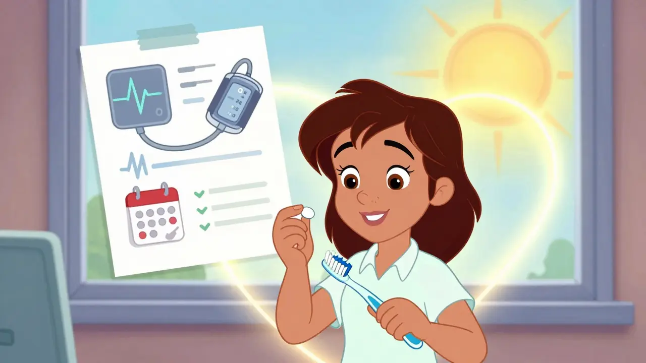 An adult taking medication beside their toothbrush, with a heart aura and medical icons showing safe use.