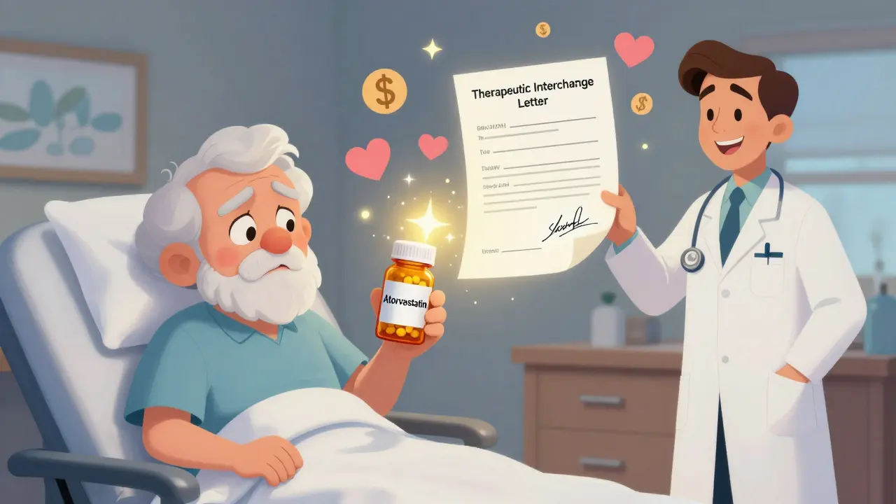An elderly patient watches their pill transform from one drug to another with a signed authorization document nearby, in a nurturing nursing home scene.