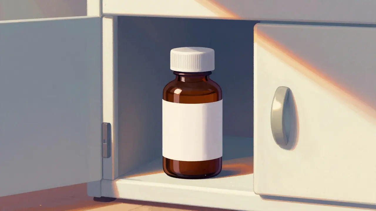Medication bottle stored in dark cabinet to protect from light exposure.
