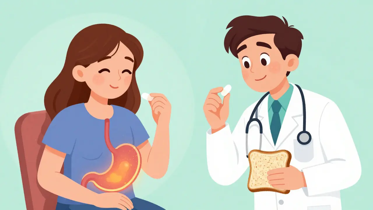 Patient taking pill with food as doctor advises