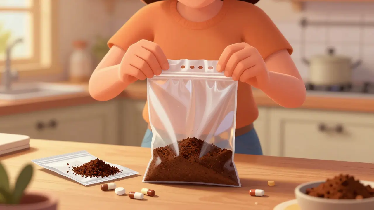 Person mixing expired pills with coffee grounds in sealed disposal bag.