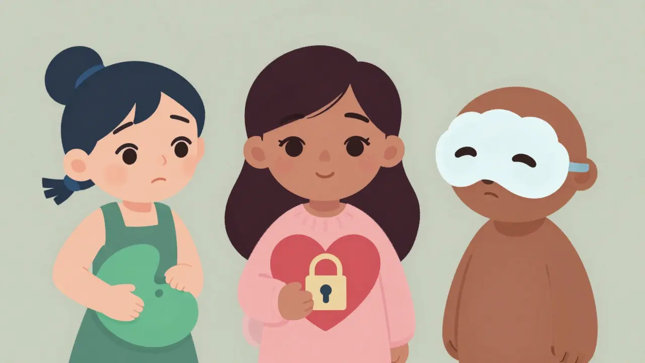 Three characters showing nausea, emotional blunting, sexual side effects