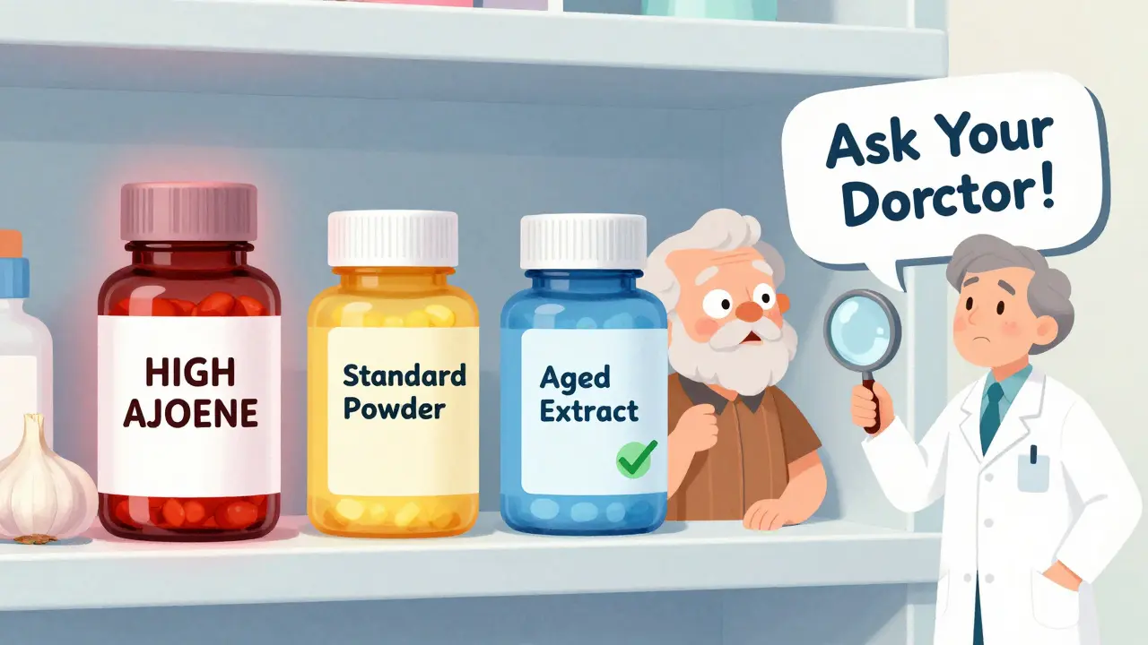 Three garlic supplement bottles on a shelf with color-coded warnings, beside a senior citizen and pharmacist.