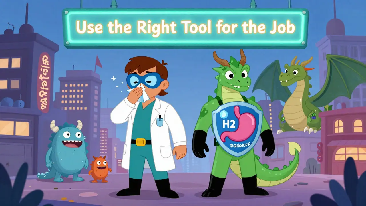 Two cartoon heroes — one for allergies, one for heartburn — defending a city with targeted medication shields.