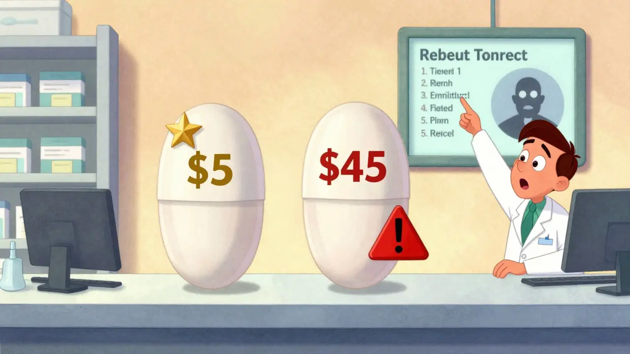 Two identical generic pills labeled  and , with a pharmacist showing rebate contracts on a screen.