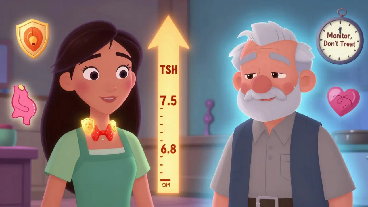 Two patients: young woman with antibodies and high TSH vs. elderly man with normal TSH, Disney-style, symbolic health icons floating around them.