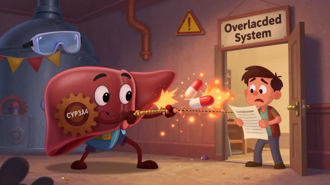 A cartoon liver factory with clashing pills causing toxic overflow, under a sign reading 'Overloaded System'.