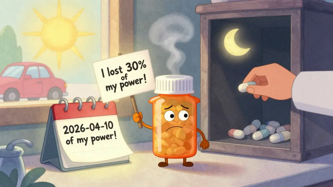 A cartoon pill character with arms and legs beside a calendar, surrounded by symbols of proper and improper storage.